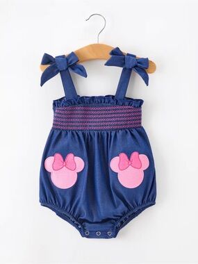 Navy Blue Girls Bow-Shoulder One-Piece with Pink Appliqué